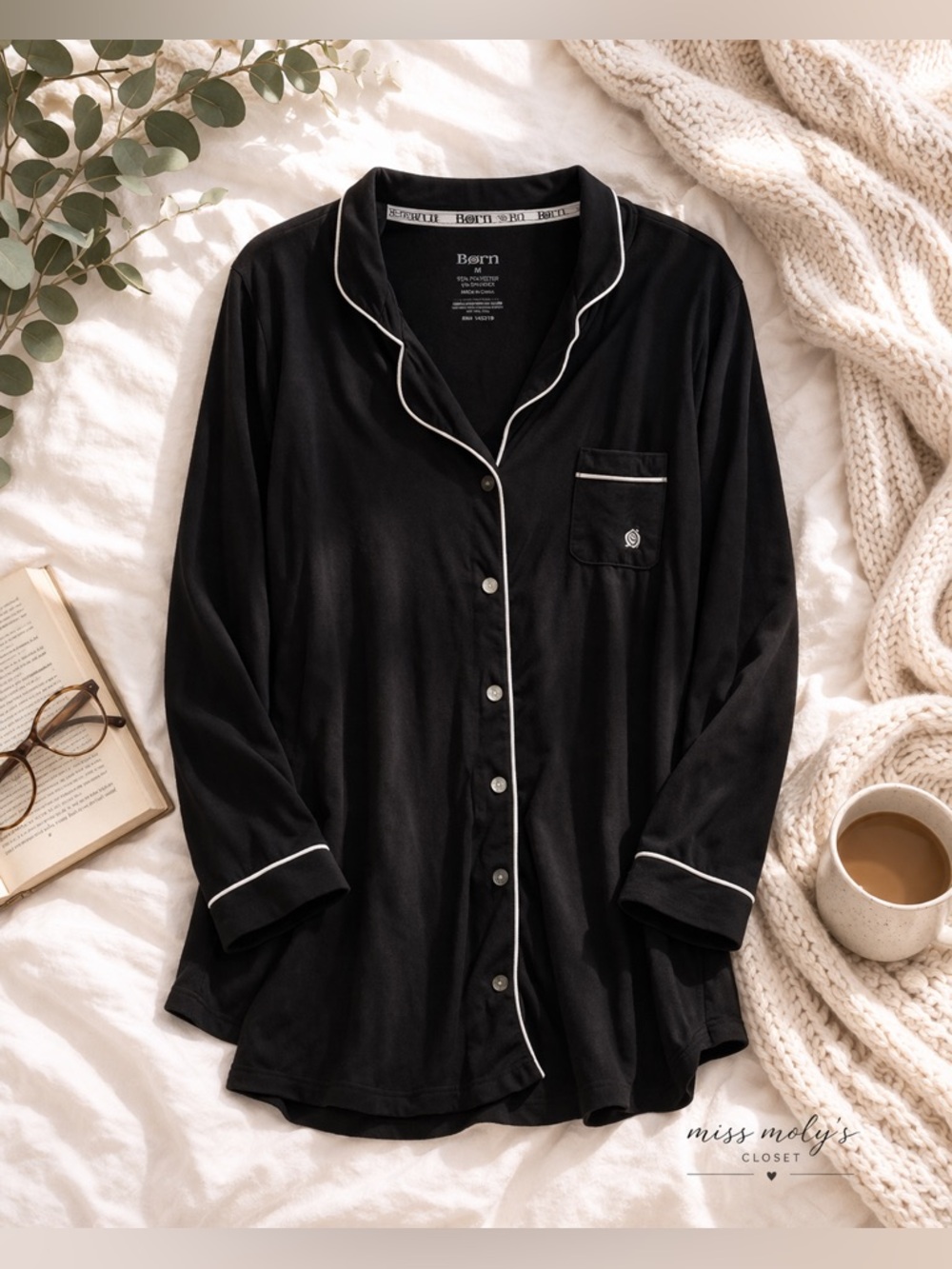 Born Women’s Black Button Front Lounge Top Luxury Cozy Sleepwear Size M
